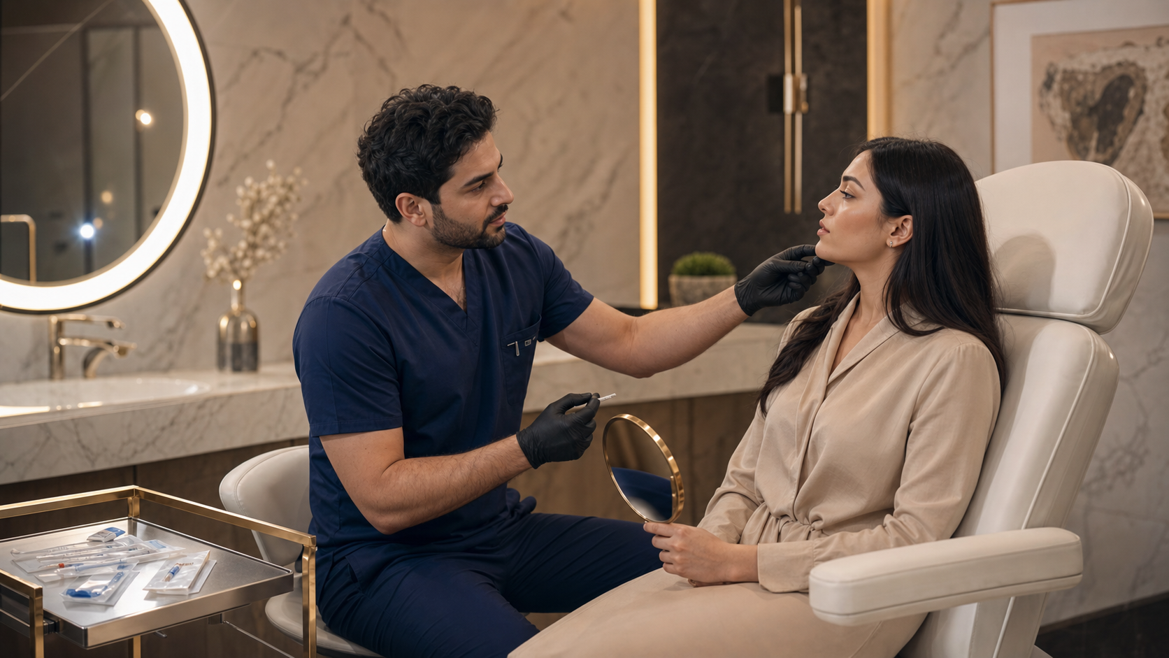 Doctor carefully assessing a patient before cosmetic injectable treatment