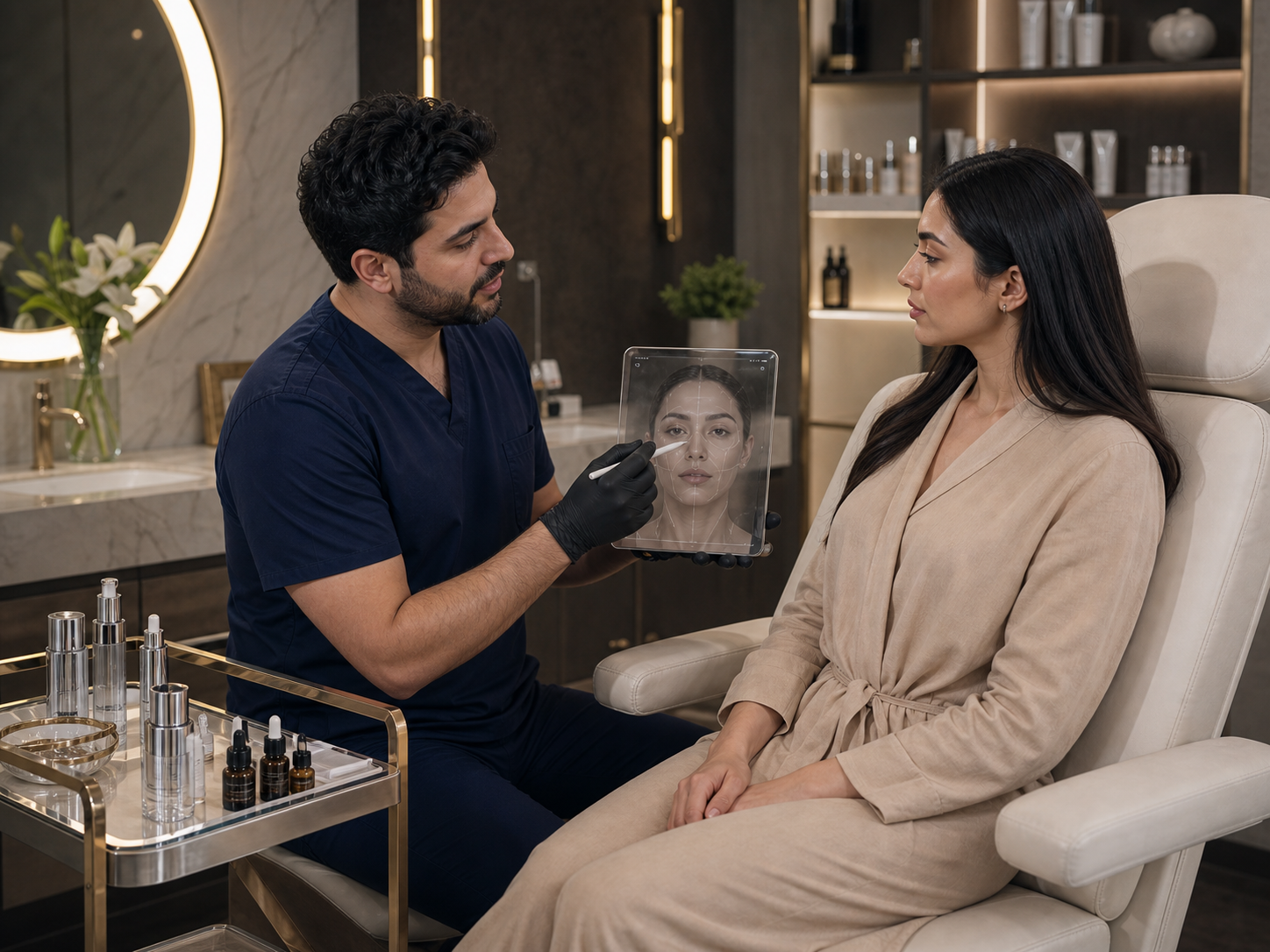 Doctor planning natural facial aesthetics with a patient in a luxury cosmetic clinic