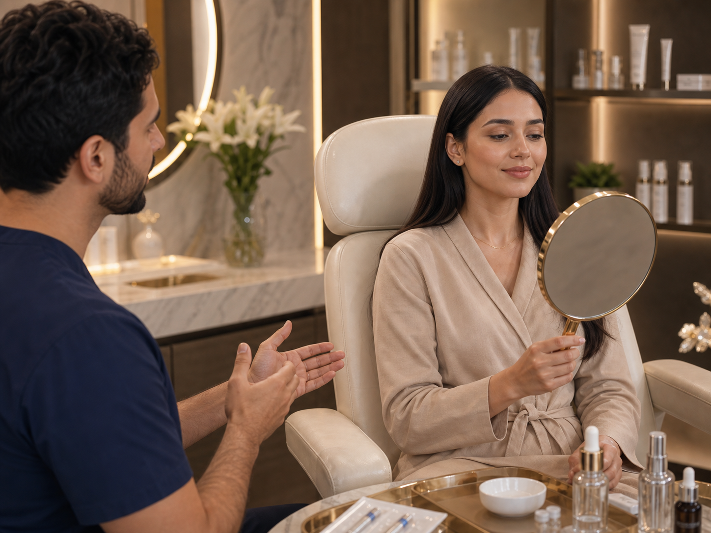 Patient reviewing natural aesthetic results with a mirror in a cosmetic dermatology clinic
