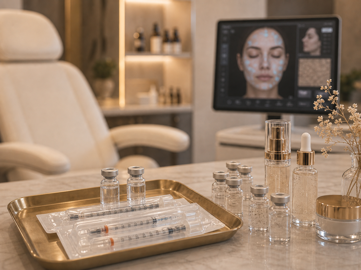 Sterile skin booster and rejuvenation setup in a luxury cosmetic dermatology clinic
